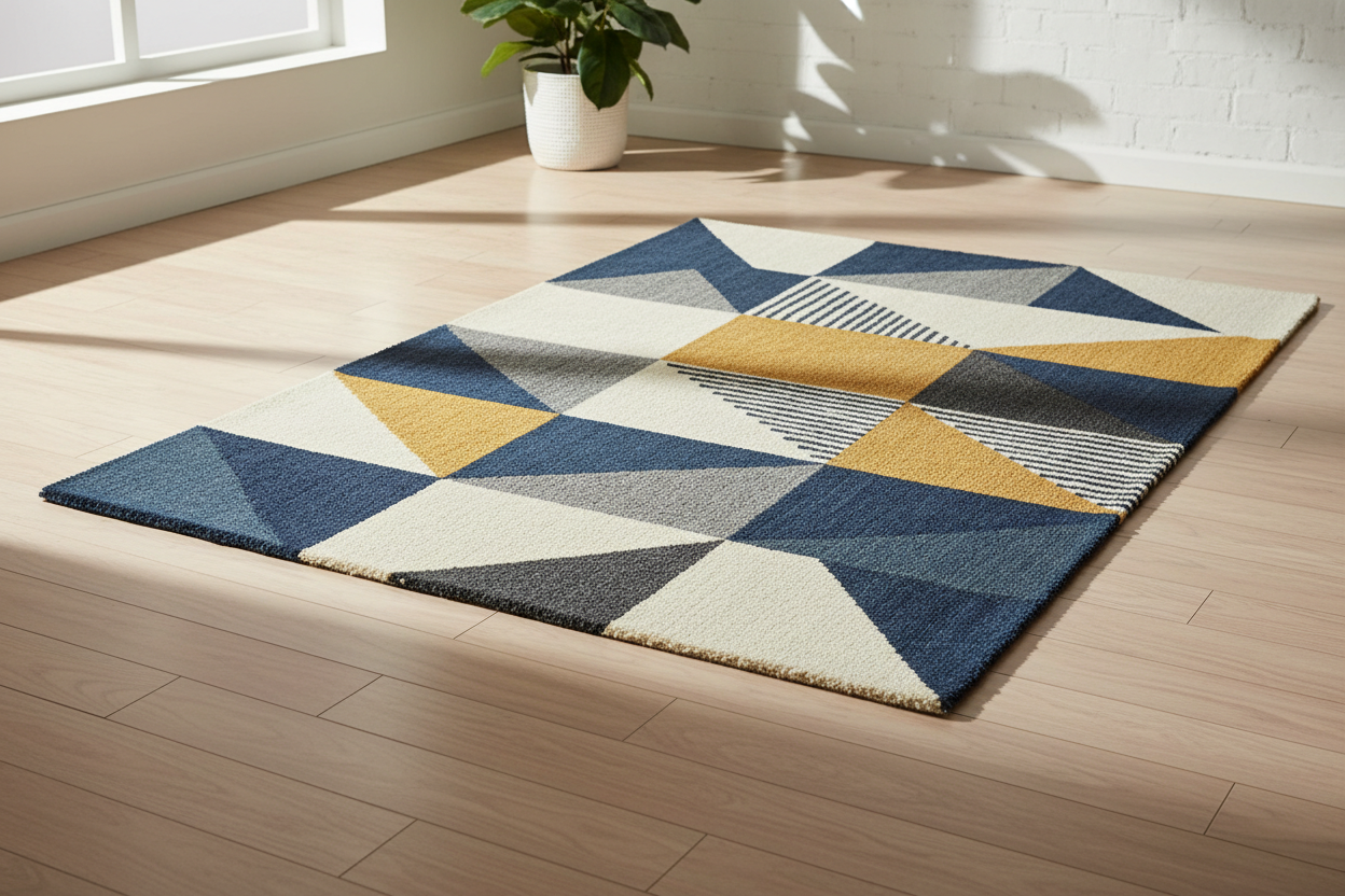 Modern Geometric Accent Rug

Description: Make a statement with the Modern Geometric Accent Rug. Featuring bold patterns and contemporary colors, it’s perfect for living rooms, offices, or entryways, blending modern design with everyday comfort. (make it real photo)